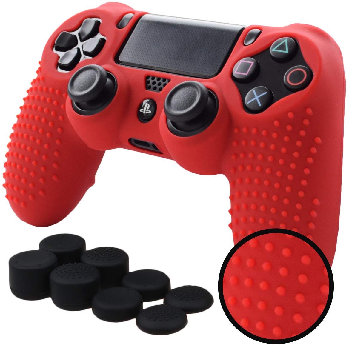 PS4 Controller Grips,Pandaren Studded Anti-Slip Silicone Cover Skin Set Compatible for PS4 /Slim/PRO Controller(Red Controller Skin x 1 + FPS PRO Thumb Grips x 8)