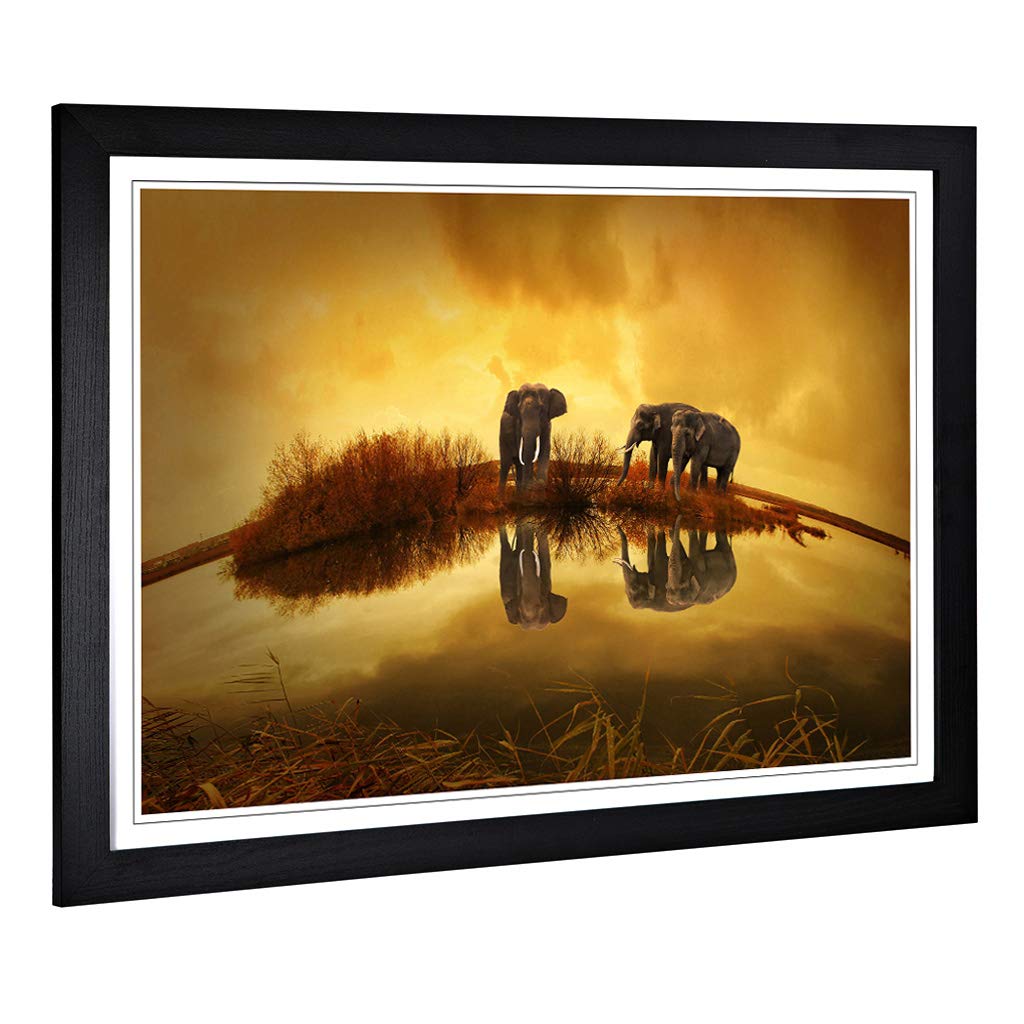 Big Box Art Framed Print of Elephants Sunset Design | Wall Art Picture | Home Decor for Kitchen, Living, Dining Room, Lounge, Bedroom, Hallway, Office, Black, A2 / 24.5x18 Inch / 62x45cm