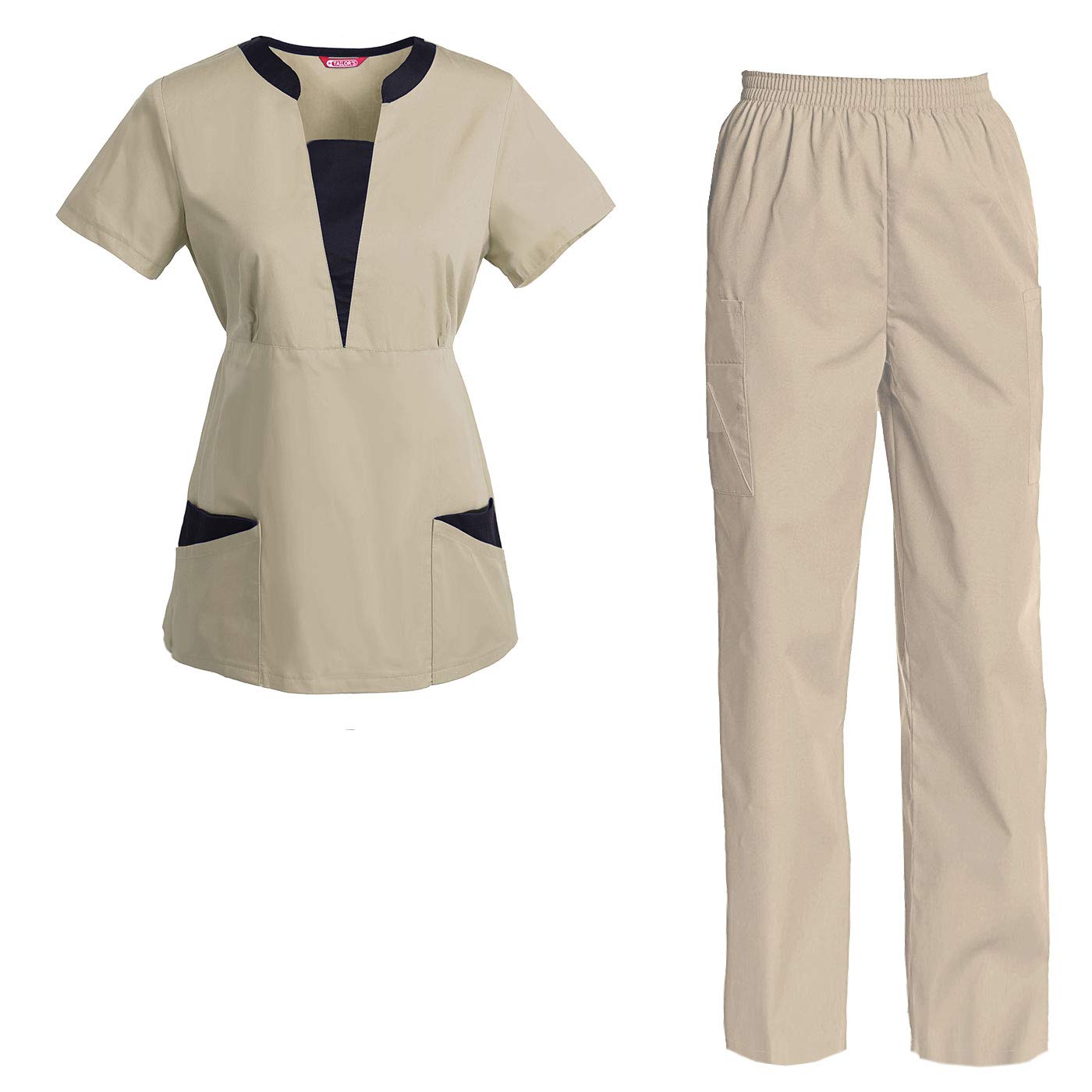 TAILOR'S Women's Scrub Set Medical Nursing Uniform Set Top and Pants Khaki