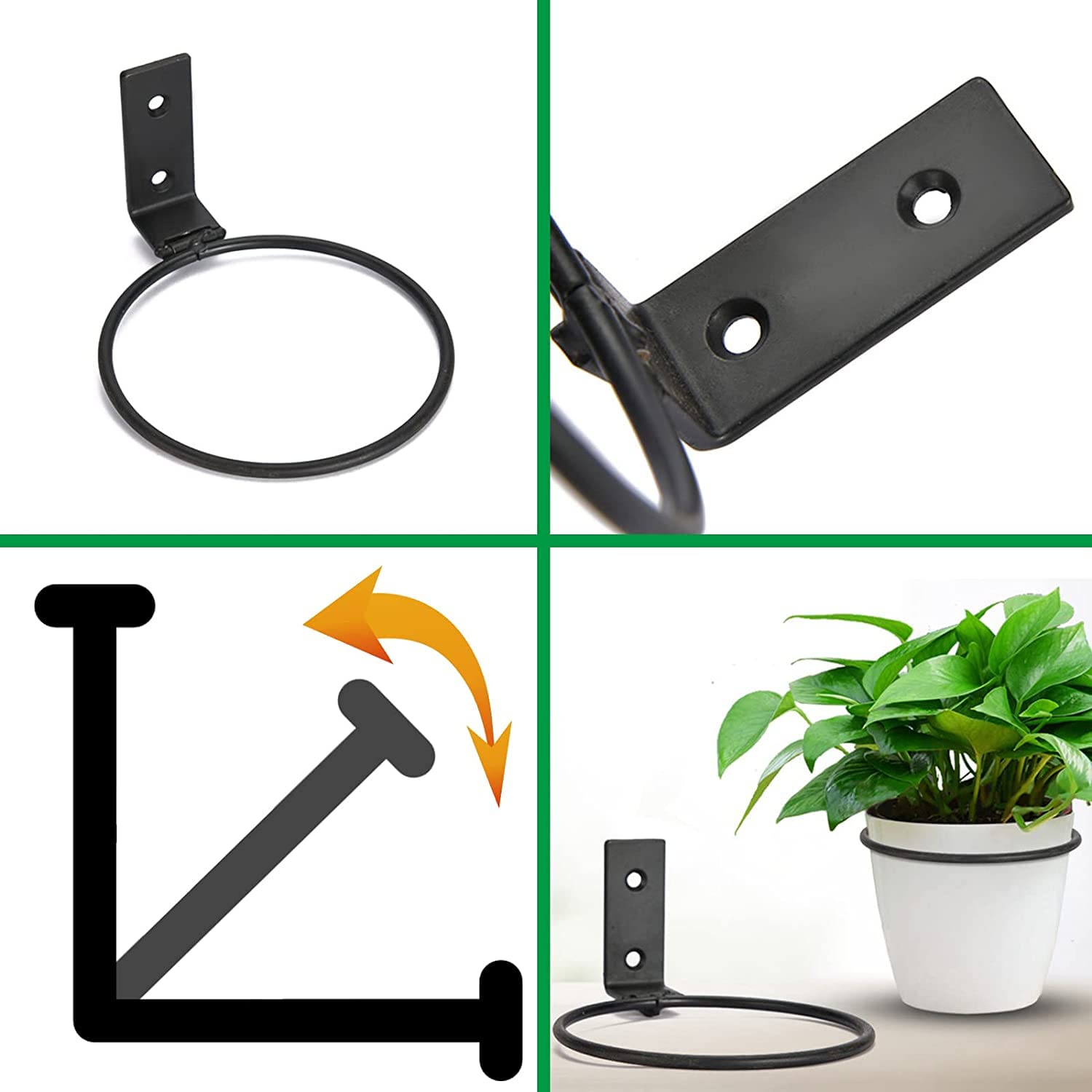 Lot de 6 supports muraux de 18 cm pour pot de fleurs - Support mural pliable - En métal - Pour la maison, le jardin, le balcon - Noir