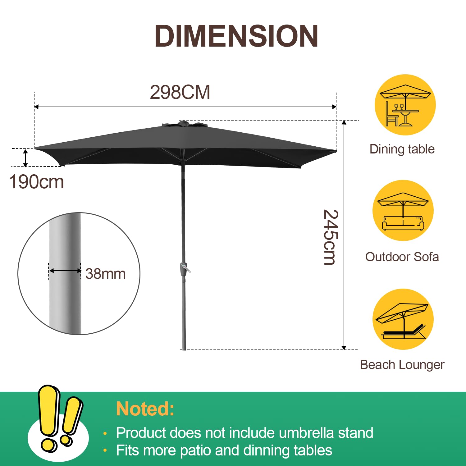 Parasol przeciwsłoneczny, prostokątny, 210 x 140 cm/300 × 200 cm, parasol ogrodowy, na taras, do ogrodu