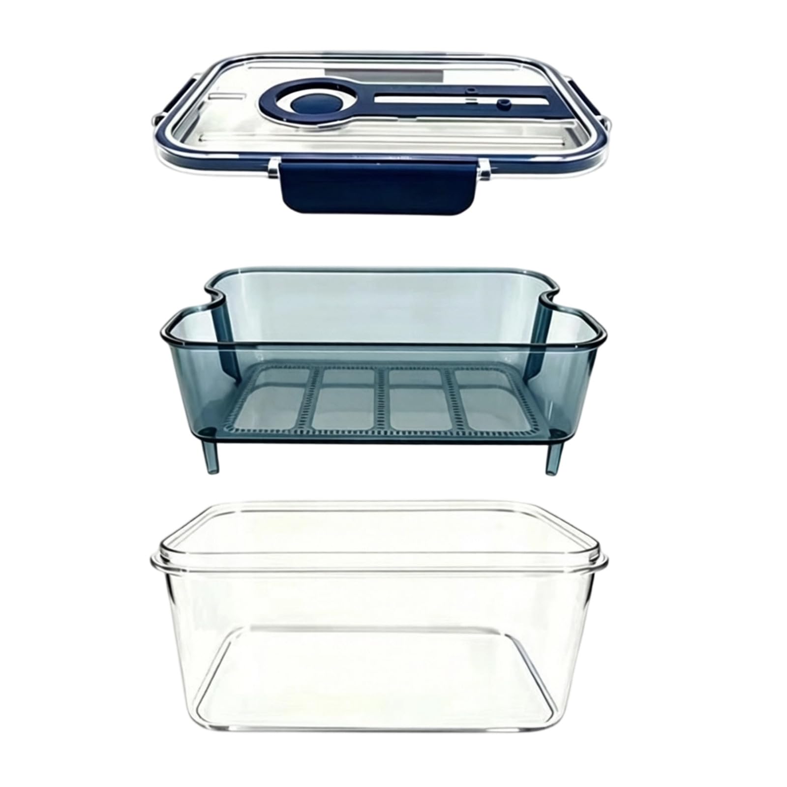 Pangboer Blue Drain Store Container For Washed Produce, Clear Refrigerator Organizer Box With Sealed Cover, Removable Basket Produce Storage Container Drain Tray Box Fridge Organizer Clear Food Keeper Removable Bin