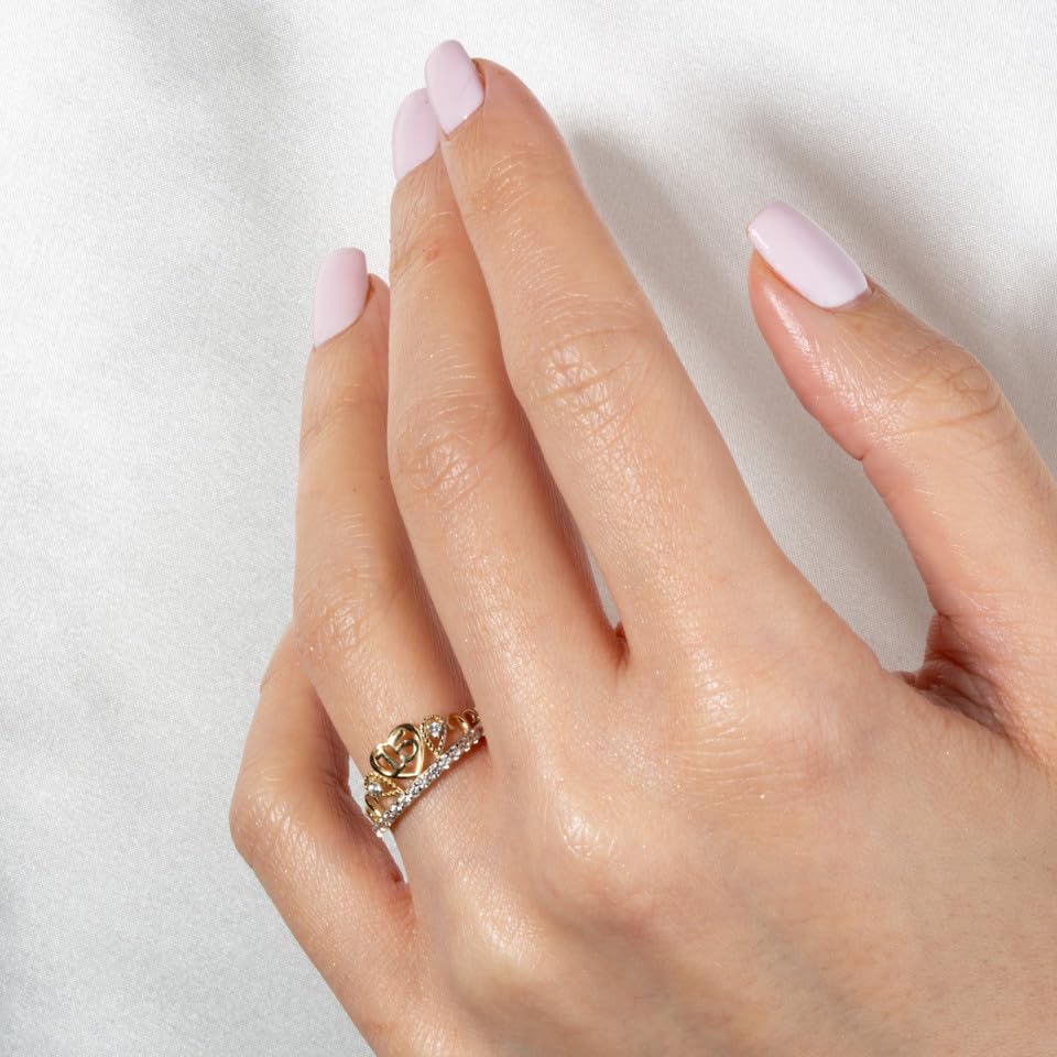 10K or 14K Two-Tone White and Yellow Gold 1.8mm CZ-Accented Wavy Tiara Royal Crown Sweet 15 Años Quinceanera Statement Ring, Available in Sizes 4-122