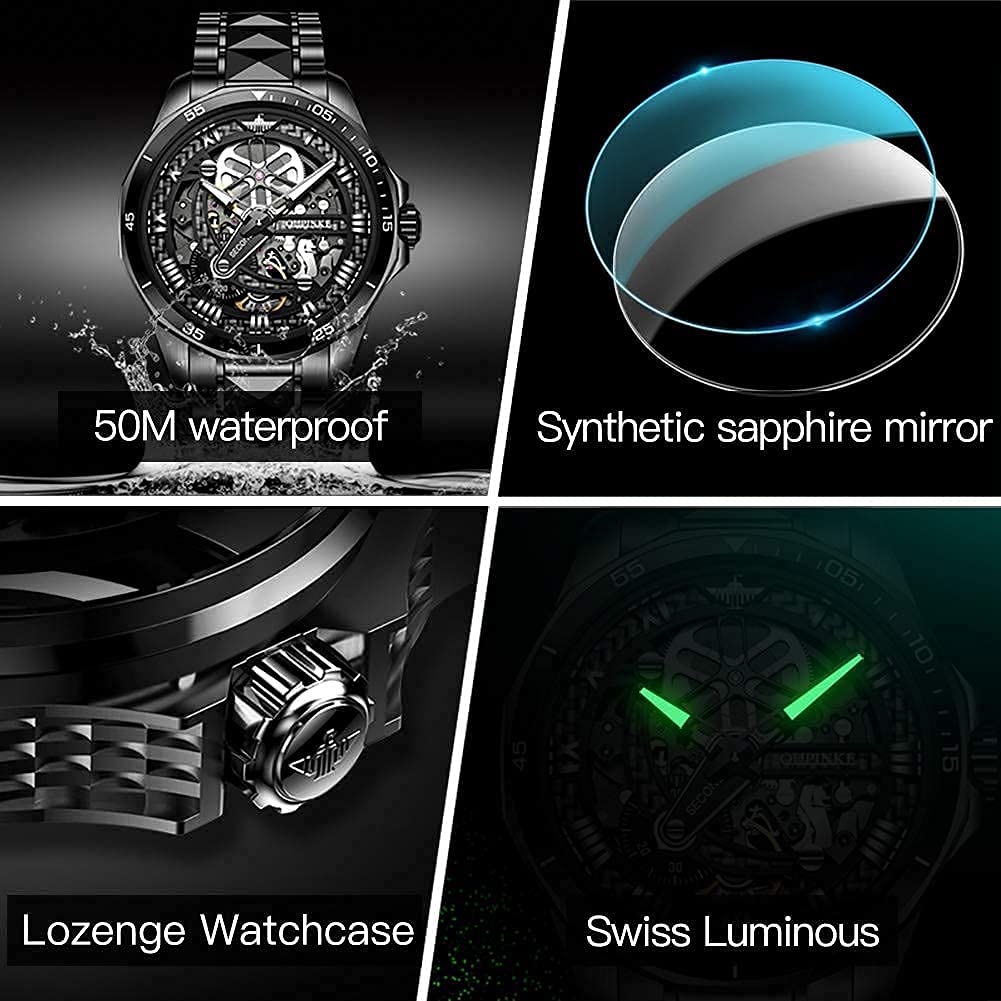 OUPINKE Reloj de pulsera automático para hombre, esqueleto plateado, esfera luminosa 3D con correa de acero de tungsteno luminosa impermeable de 5 ATM, cristal de zafiro, dos tonos, Correa negra,