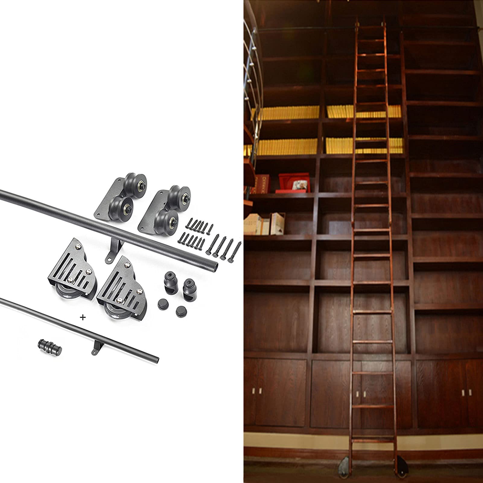 Kit de herrajes para puertas corredizas de granero y escalera rodante para bibliotecas de salón