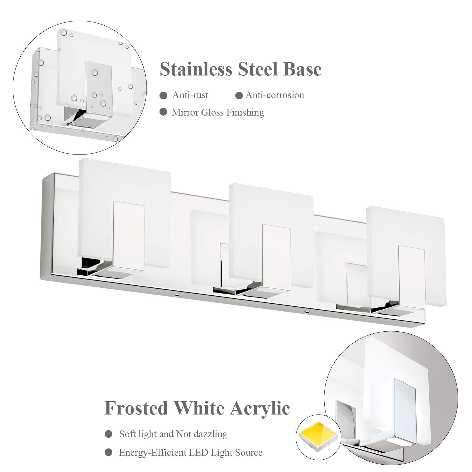 3 luci dimmerabili Moderne luci toeletta LED Bagno Smerigliato Bianco Acrilico Cromato su e Giù Applique Parete Bagno su Specchio