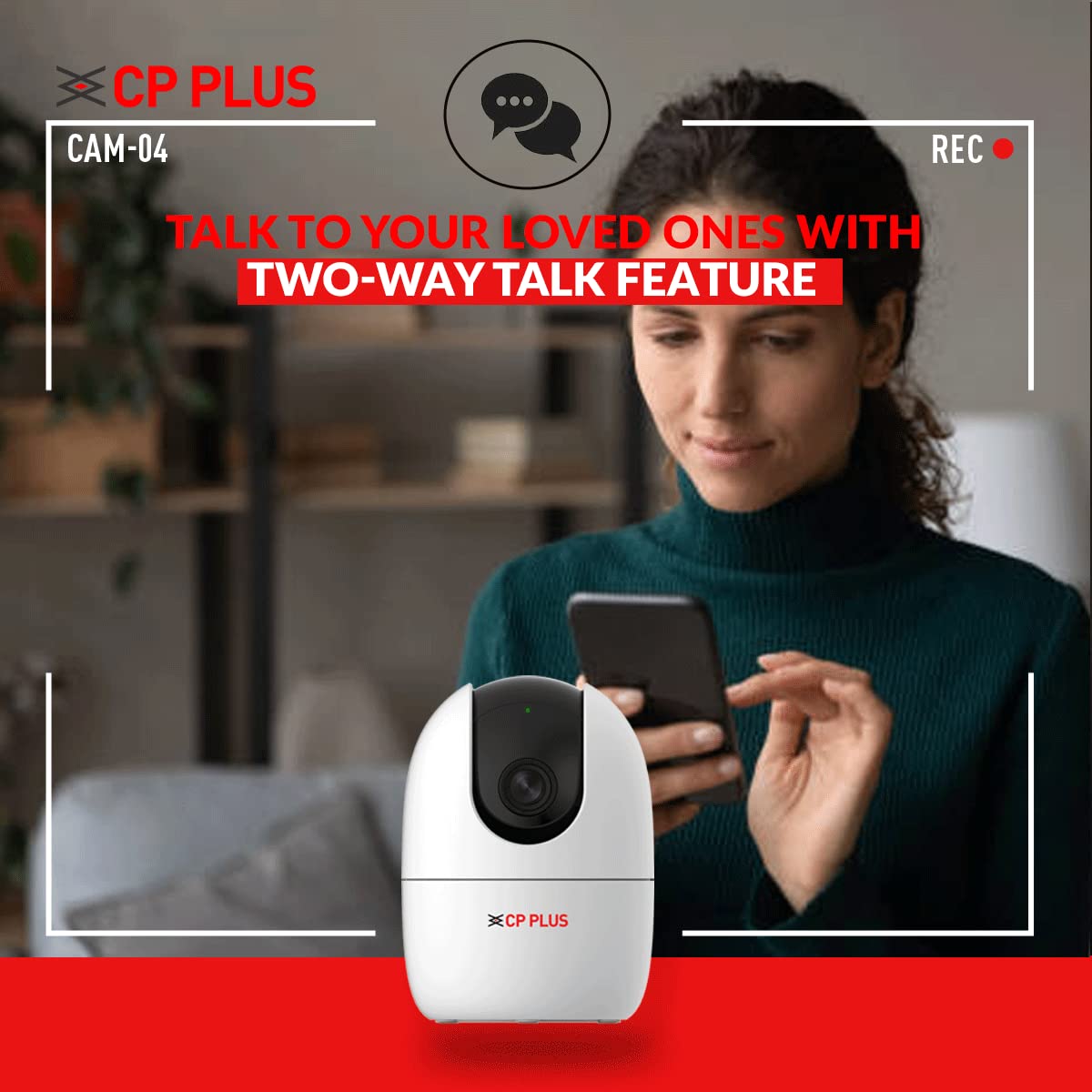 CP PLUS CP-21 camera with a smartphone displaying the EEZO app