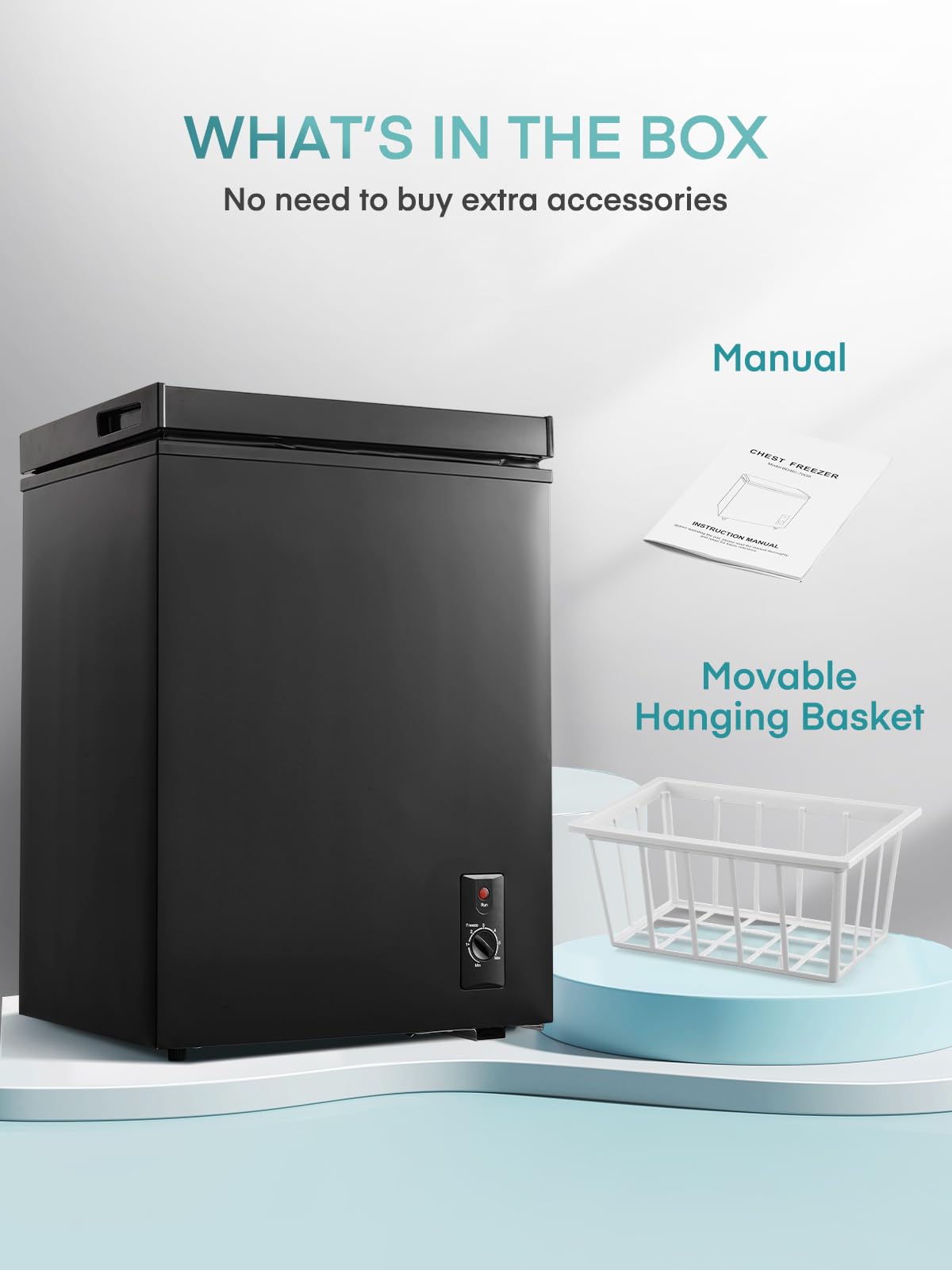 FOHERE Congelador Horizontal, Capacidad 70L, Alto 72.5 cm, Cesta con Asa, Silencioso 45 dBA, 6 Ajustes de Temperatura, Negro