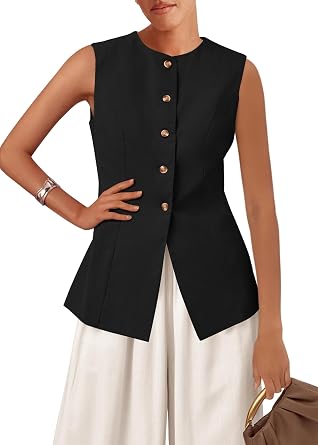 KIRUNDO Vest Tops for Women Trendy Dressy | Business Casual Outfits, Button Up Suit Vest, Fitted Sleeveless Blazer Jacket, Work Waistcoat, 2026 Summer Clothes