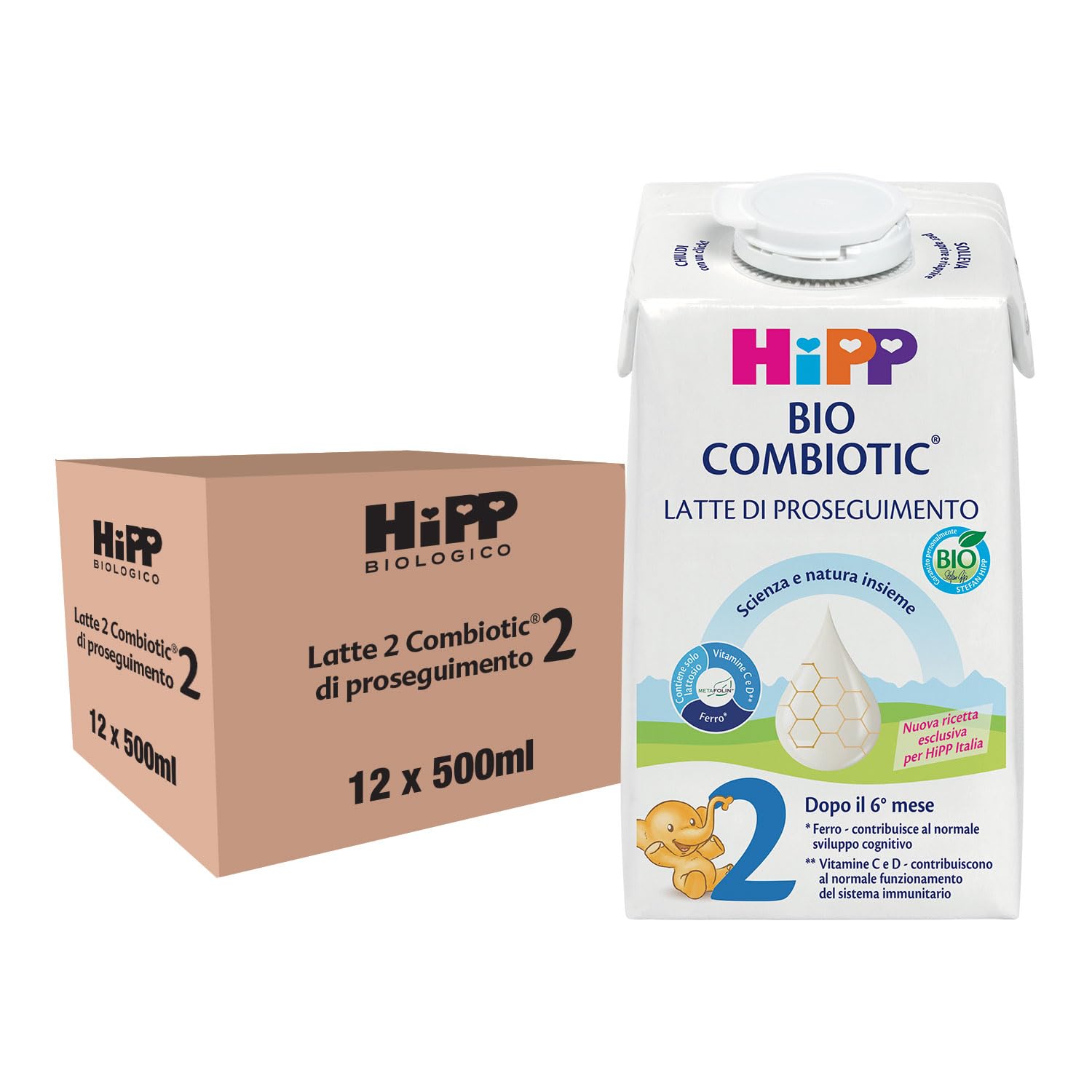 HiPP Latte Liquido 2 Confezione in Cartone, di Proseguimento, Latte per Neonati Liquido, dal 6° Mese Compiuto, 12 Confezioni da 500 ml, Hipp 2 Combiotic