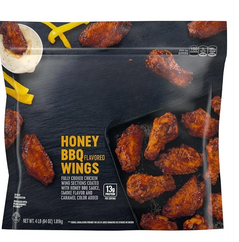 Honey BBQ Bone-In Chicken Wings , The flat and drumette wing sections are covered in sweet, smoky honey BBQ sauce for a savory flavor. These chicken wings are fully cooked and ready-to-eat for a protein packed snack. Simply heat in an oven or microwave and serve with honey mustard dipping sauce, sliced celery and carrot sticks for a flavorful appetizer. [ 64 oz , 4 lb ]