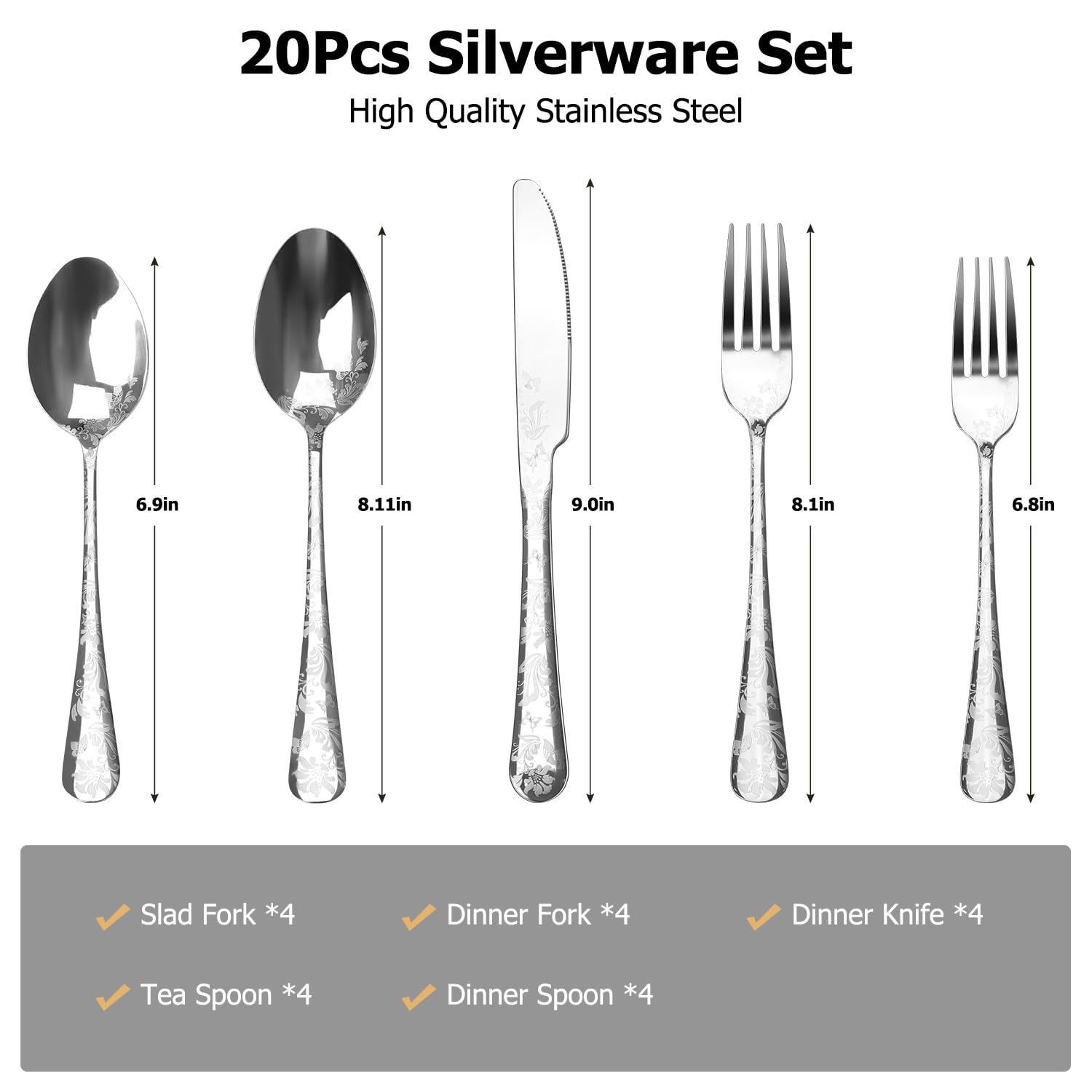 Set Di Posate Da 4, Acciaio Inossidabile Elegante Sano Durevole, Includi Coltello Forchetta Cucchiaio Per Casa, Hotel, Ristorante, Lucidato A Specchio, Stoviglie Nuova Casa (Argento,24pcs - Foto 10