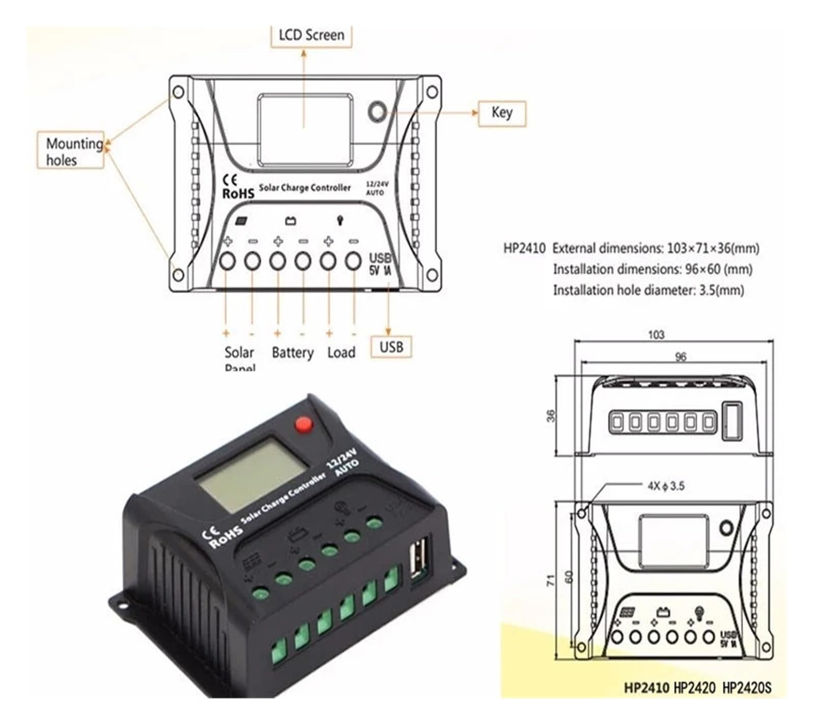 10A 20A 30A 40A 50A 60A Regolatore Di Carica Solare DC12V/24V Lavoro Automatico Pannelli Solari Regolatore Di Carica Della Batteria Regolatore(60A)