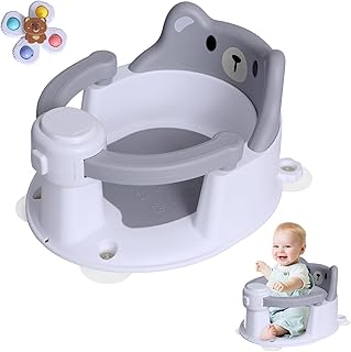 REDCAMP Baby Badewannensitz mit 4 starken Saugnäpfen, aufklappbare Armlehnen für einfachen Ein- und Ausstieg, rutschfester Badesitz für 6-24 Monate inkl. Badespielzeug, Grau