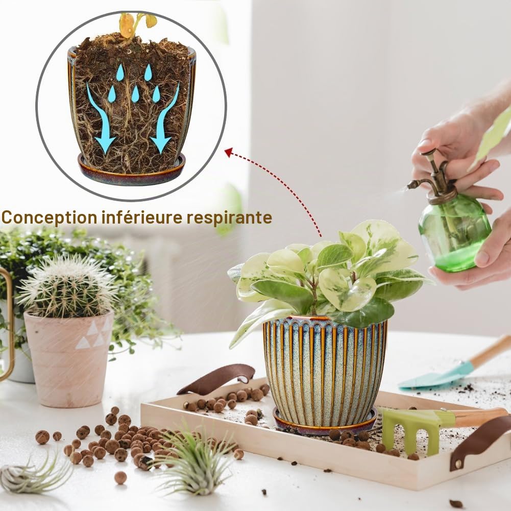 Oairse Lot de 2 pots de fleurs en céramique avec trous de drainage et soucoupes pour intérieur moderne Motif rayures Marron 13 x 15 cm
