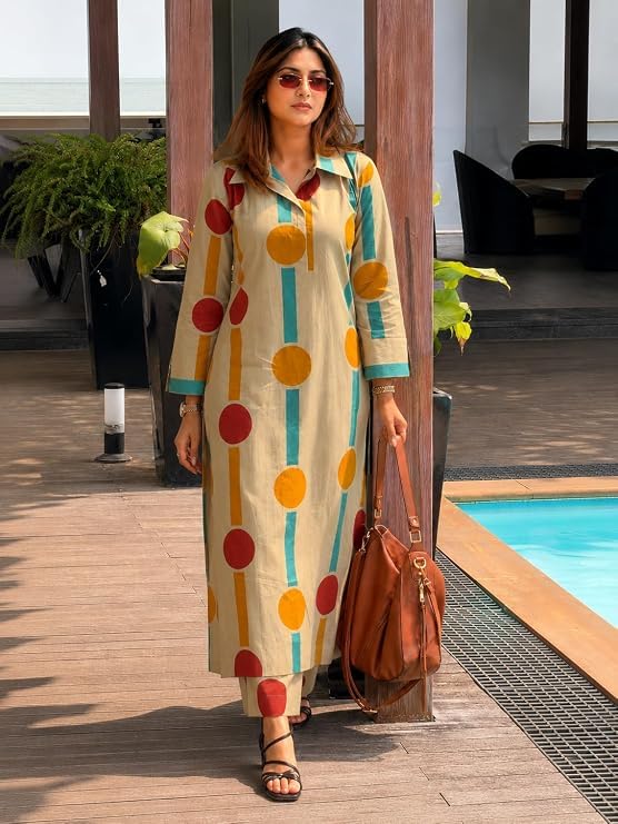 Image of ANNI Designer Cotton Blend Printed Straight Kurta with Pant for Women | Cotton Blend Beige | Full Sleeve | Shirt Collar | Ethnic Wear Casual Wear