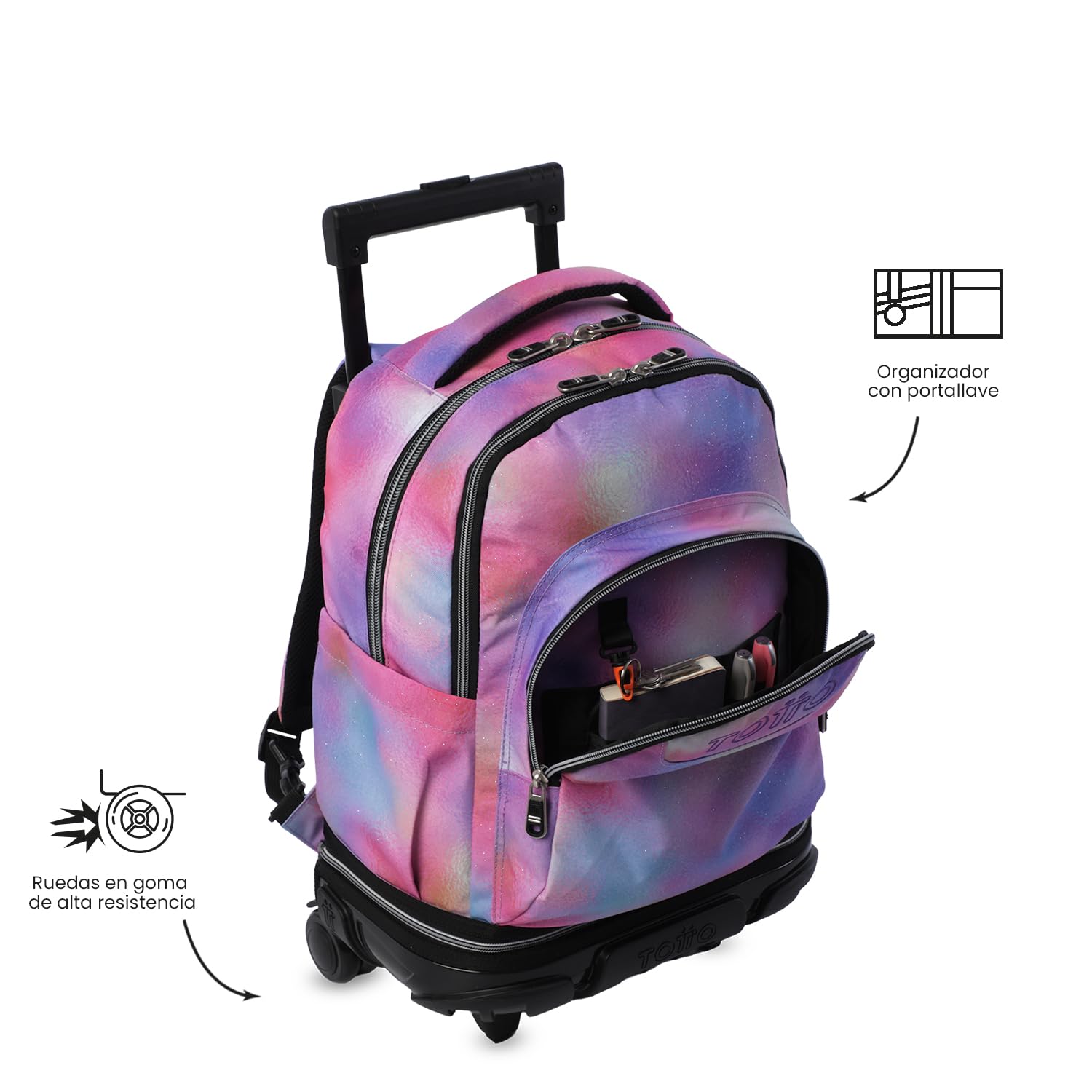 TOTTO - Mochila Escolar con Ruedas Desmontables, Modelo Tiza Glitter, Capacidad 26 L, Mochila PC 15.4", Bolsillo Botella, Manija Telescópica, Espaldar Ergonómico y Correas en S, Estampado Bloom