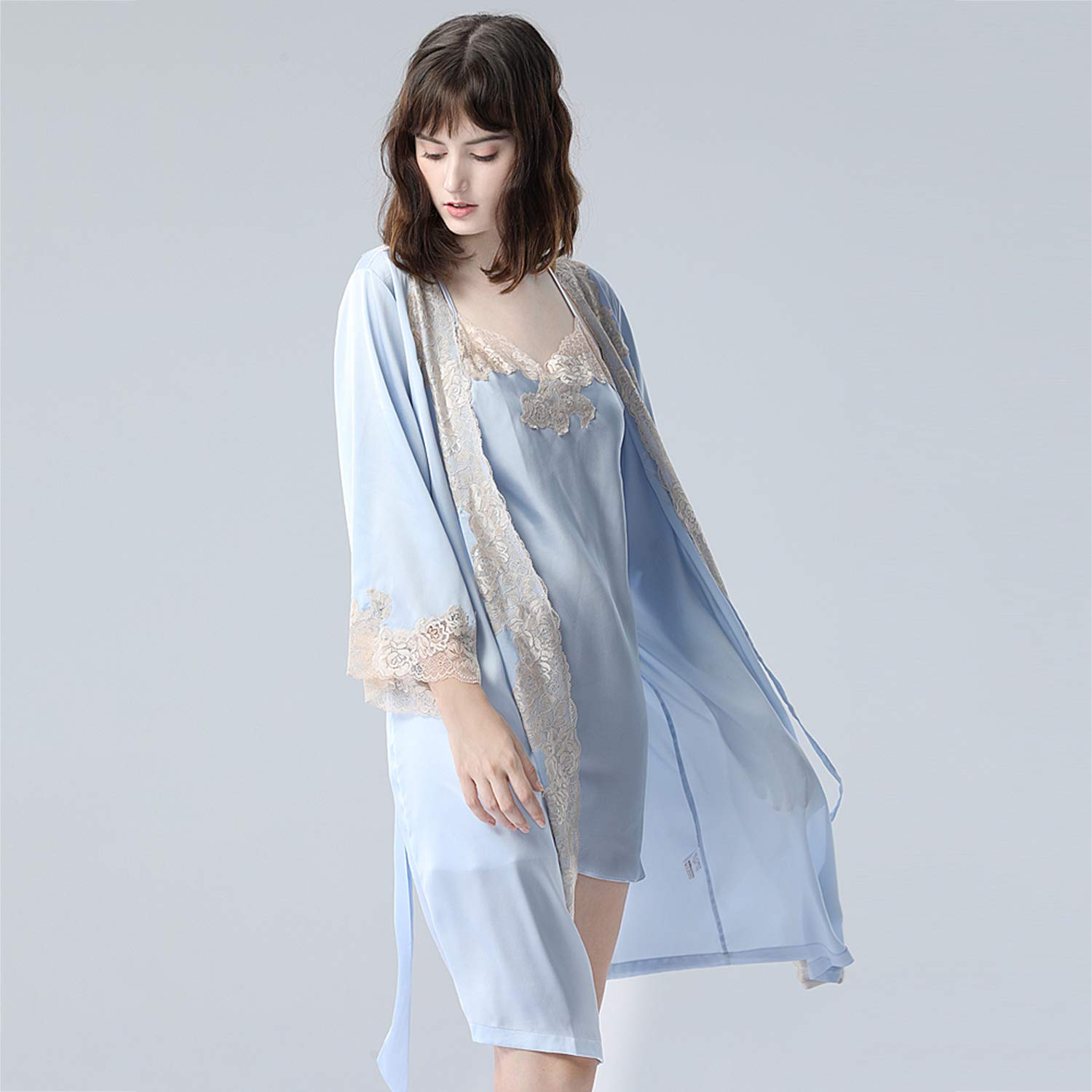 Traje De Kimono De Encaje Azul, Bata Satinada, Pijamas Sueltos con Bata De Baño Y Ropa De Dormir De Verano M