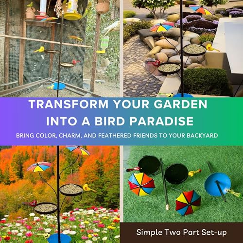 Image of Kraftskala Outdoor Bird Feeder with Water Bowl & Two Seed Trays, Rust-Resistant 2-Part Metal Pole - Perfect Garden or Backyard Decor for Bird Watching and Feeding