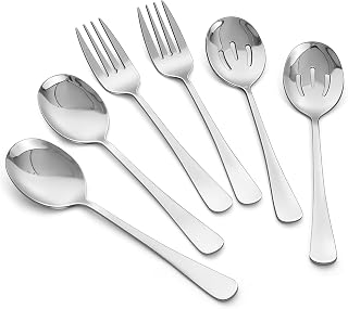 THSLSFX 6-Piece Stainless Steel Serving Utensils Set: 2 Solid Spoons, 2 Slotted Spoons, 2 Forks - 8.66 Inch for Buffet Party Kitchen