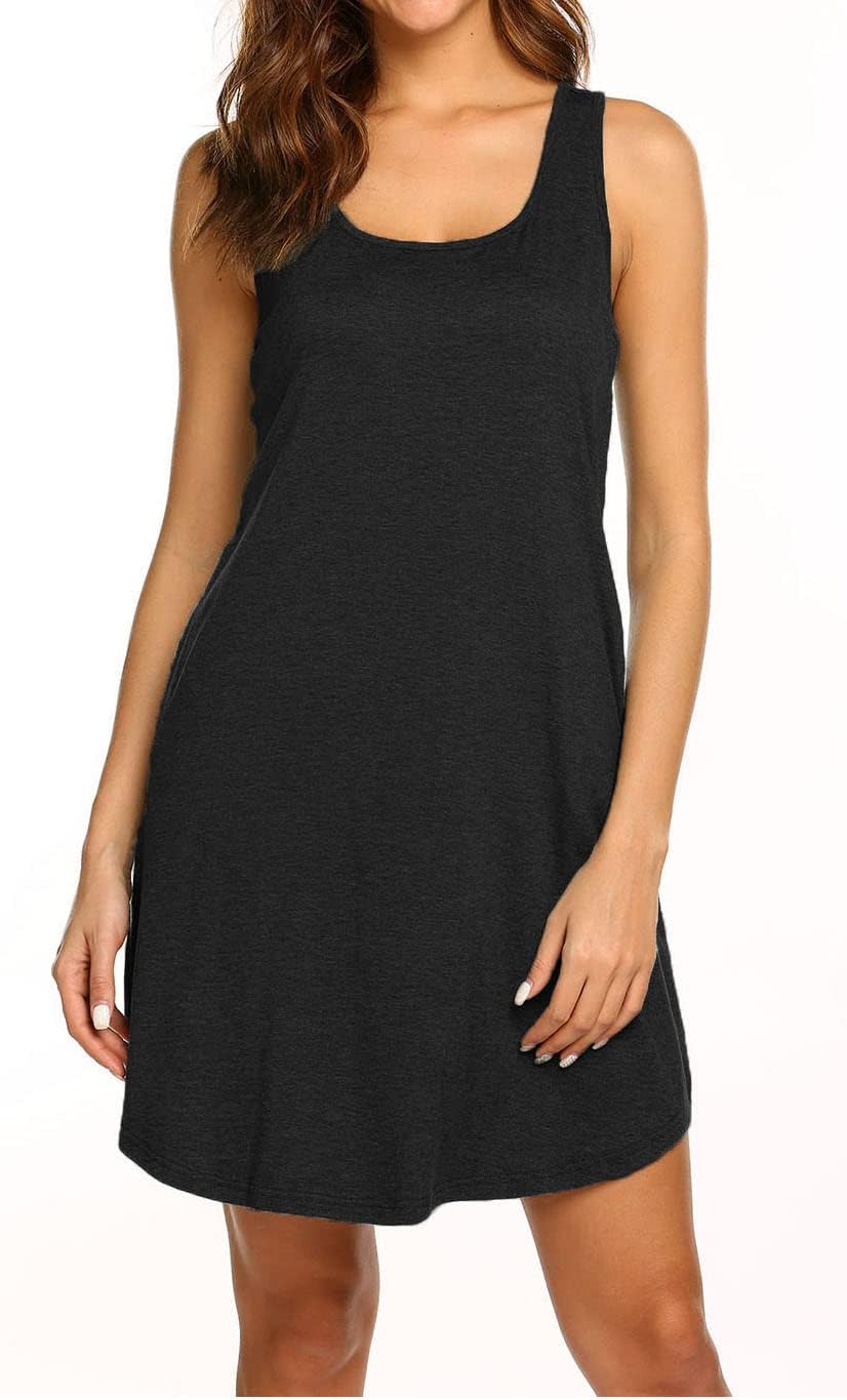 BDTECAOR Sommerkleid Damen Ärmellose Strandkleid Luftig Knielang Kleid A Linie Casual Tankkleid mit Taschen