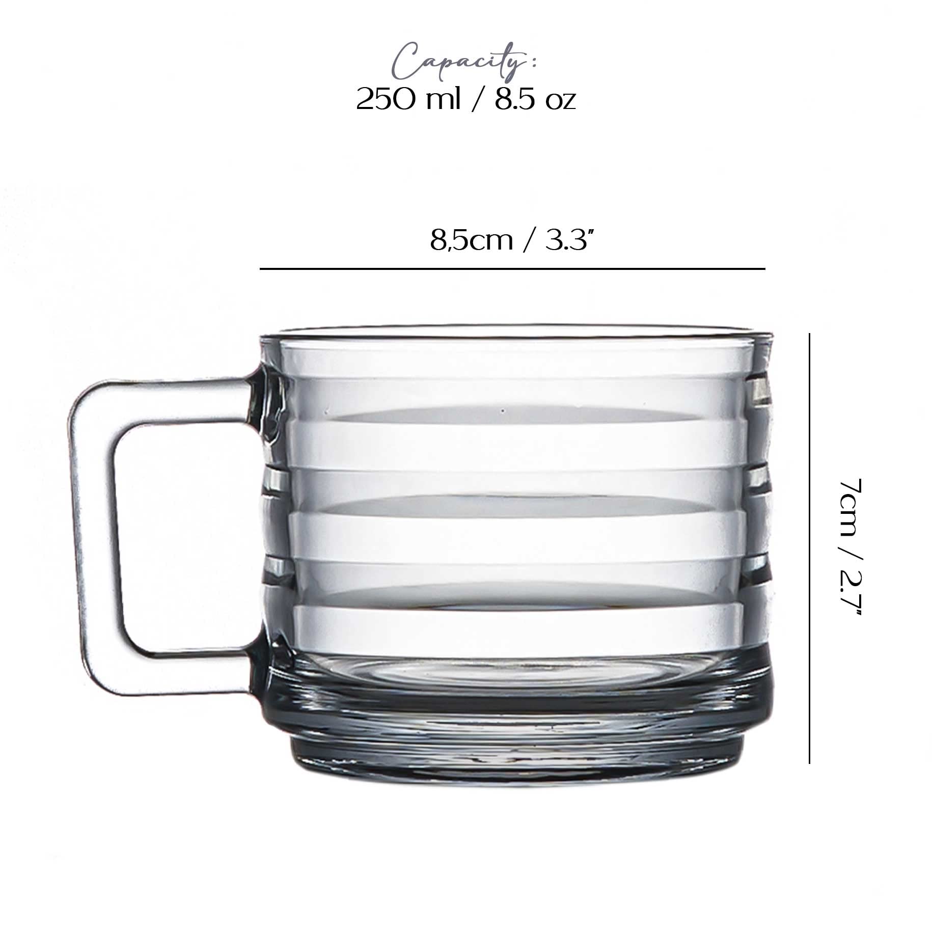 Lot de 6 Tasses à Café Empilables en Verre, Verres à Latte Entièrement Trempés, Tasses à Espresso, Verres à Café et du thé, Tasses en Verre pour Boissons Chaudes avec Poignées (250 cc/8,5 oz)