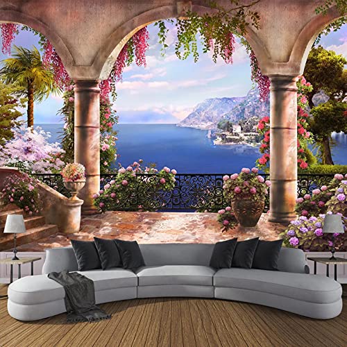 Papel Pintado Con Foto 3D Personalizado, Mural, Jardín, Balcón, Vista Al Mar, Pintura De Pared, Póster, Dormitorio, Sala De Estar, Sofá, Decoración Del Hogar 150Cm(W)×105Cm(H)