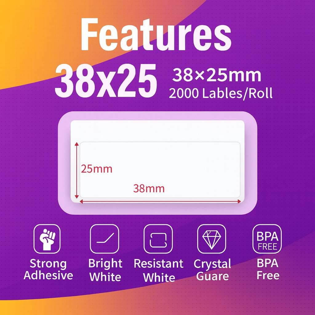 Compatible Roll 38mm X 25mm White Direct Thermal Labels For Zebra GK420d ZD420 TLP 2844 Citizen CL-S521 - 20 Rolls (40000 Labels) - White - View #5