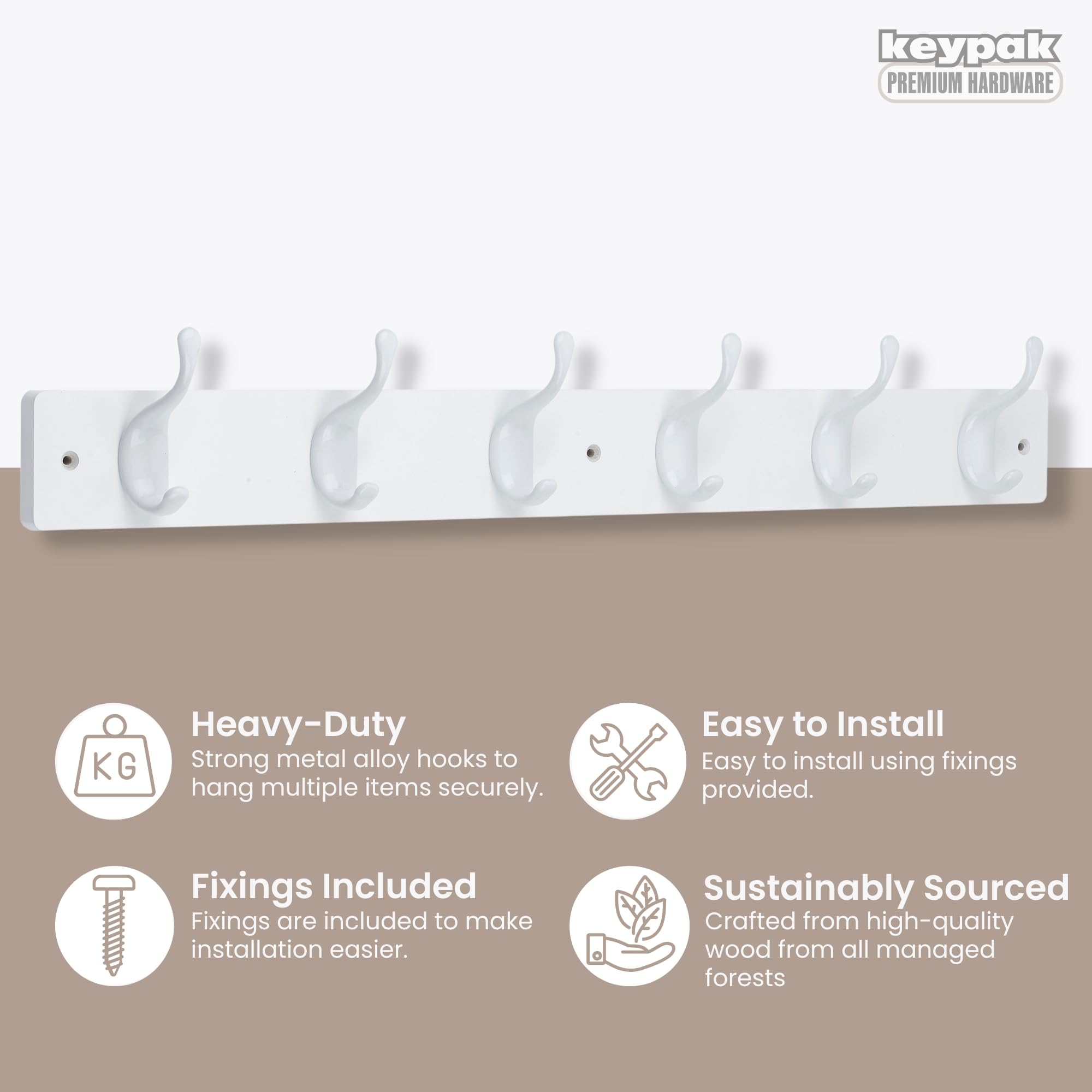 Keypak Perchero moderno de pared, 6 ganchos blancos brillantes sobre base de madera blanca de 68 cm, premontado y fijaciones incluidas