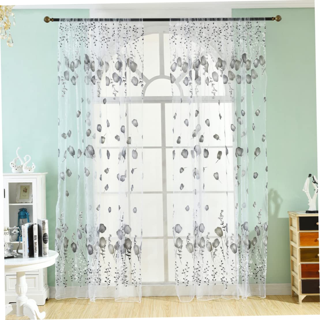 Nukinp Window Curtains Sheer Voile Curtains Tulle Printed for Living Room Bedroom Home Decoration Black White 100 * 200CM