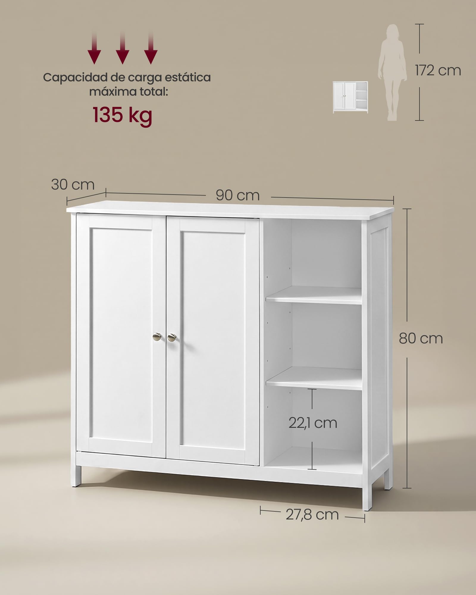 VASAGLE Mueble de Baño, Armario de Suelo de MDF con 2 Puertas y 3 Estantes Abiertos, Estantes Ajustables, 90 x 30 x 80 cm, para Baño, Salón, Blanco Nube, Colección Siren BBK070WB01