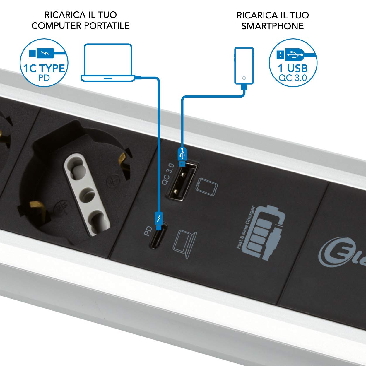 Electraline 61907 3-osobowa listwa biurkowa Schuko + 10/16 A, 2 65 W, 1 typ C do komputera + 1 USB 3.0 A QuickCharge, uchwyty mocujące, czarny/srebrny, wtyczka