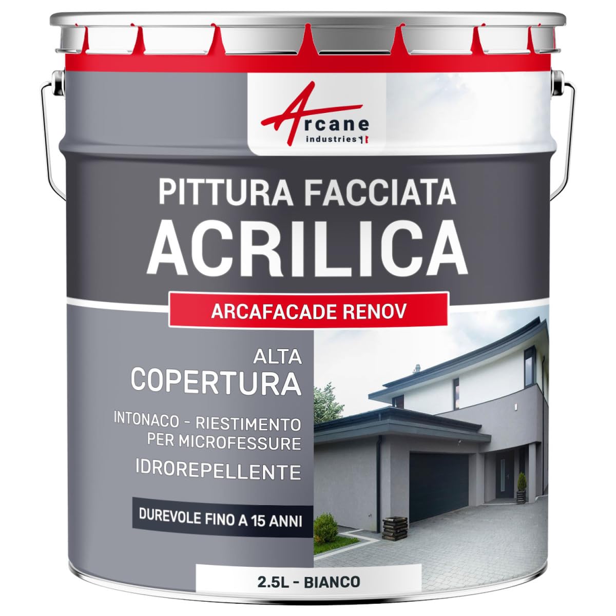 Pittura Facciata Acrilica per Intonaco 2,5 L Bianco | Impermeabilizza le Facciate, Copre le Microfessure, Microporosa, Alto Potere Coprente, Finitura Opaca - Arcane Industries