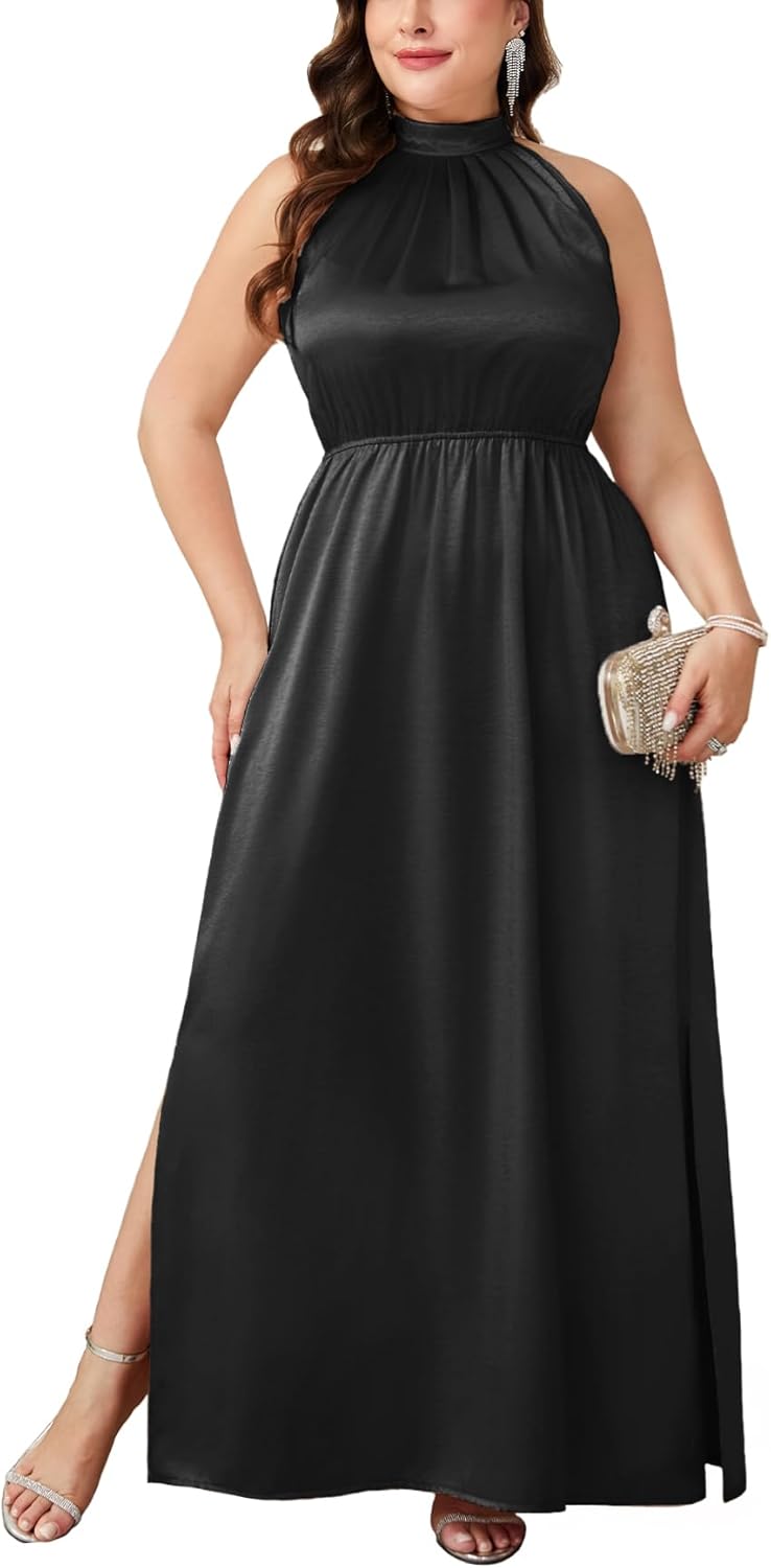 CYCLAMEN Plus Size 0X-4X Satin Halter Neck Dress A-line Maxi Long Dresses Wedding Guest Cocktail Evening Gowns