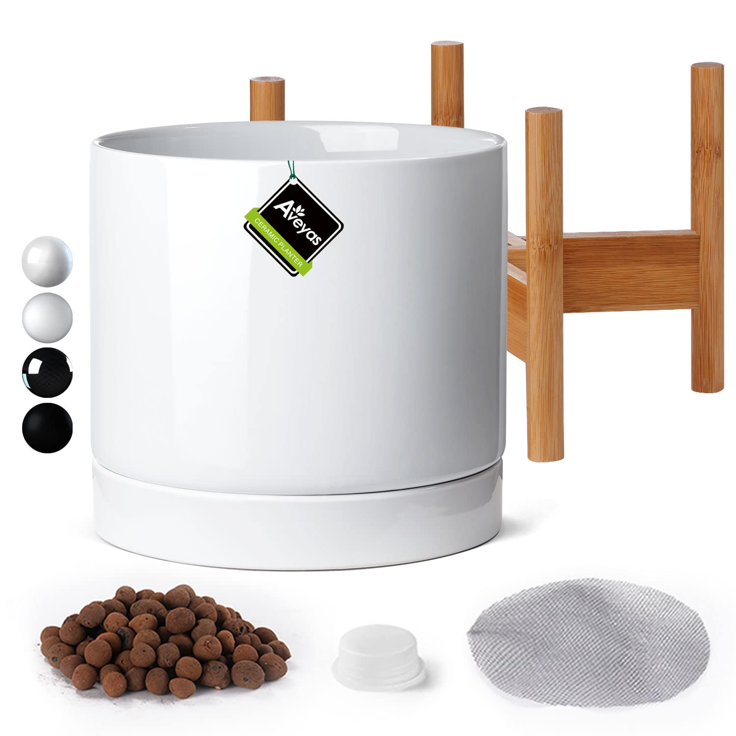 Aveyas 10 inch Ceramic Planter Pot with Drainage Hole & Saucer, Glazed Mid Century Modern Large Cylinder Plants Pot for Indoor Outdoor Decorative Flower Fiddle Leaf Fig Pots (10" Shiny White)