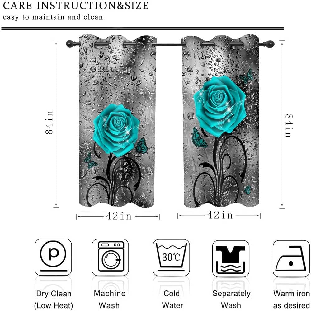 Teal Rose Curtains 84 inch Length Blue Floral Raindrops Turquoise Gray Art Blackout Curtains for Living Room Bedroom Thermal Insulated Drapes 42x84 Inches 2 Panels