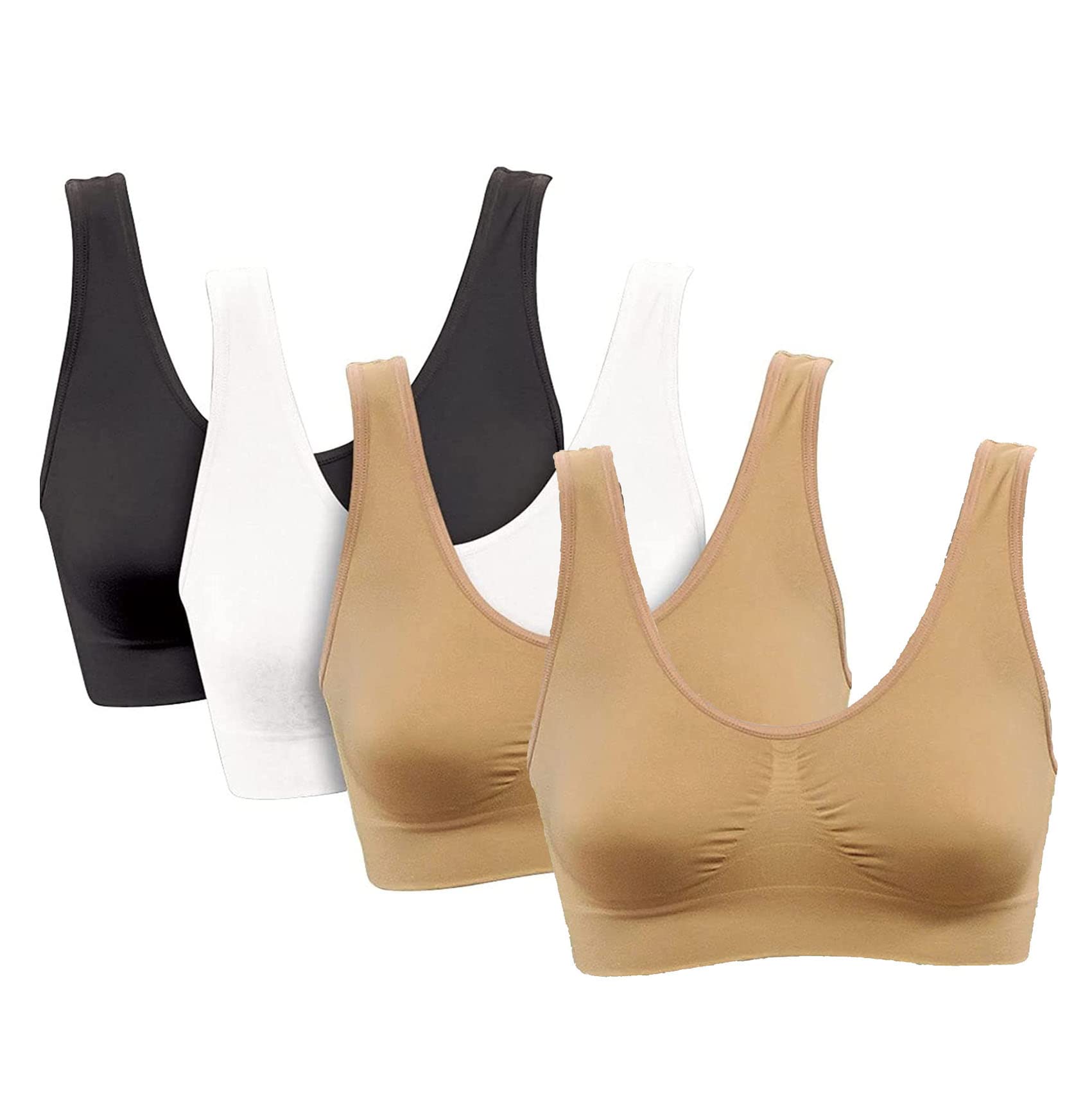 PBE 4 Pack Super Comfort Bra, Thick Double Material Women's Sleep Bras, Sports Bra, Premium Quality, Seamless, No Wires! - 4 Pack Black/White/Nude/Nude - XXXXX Large