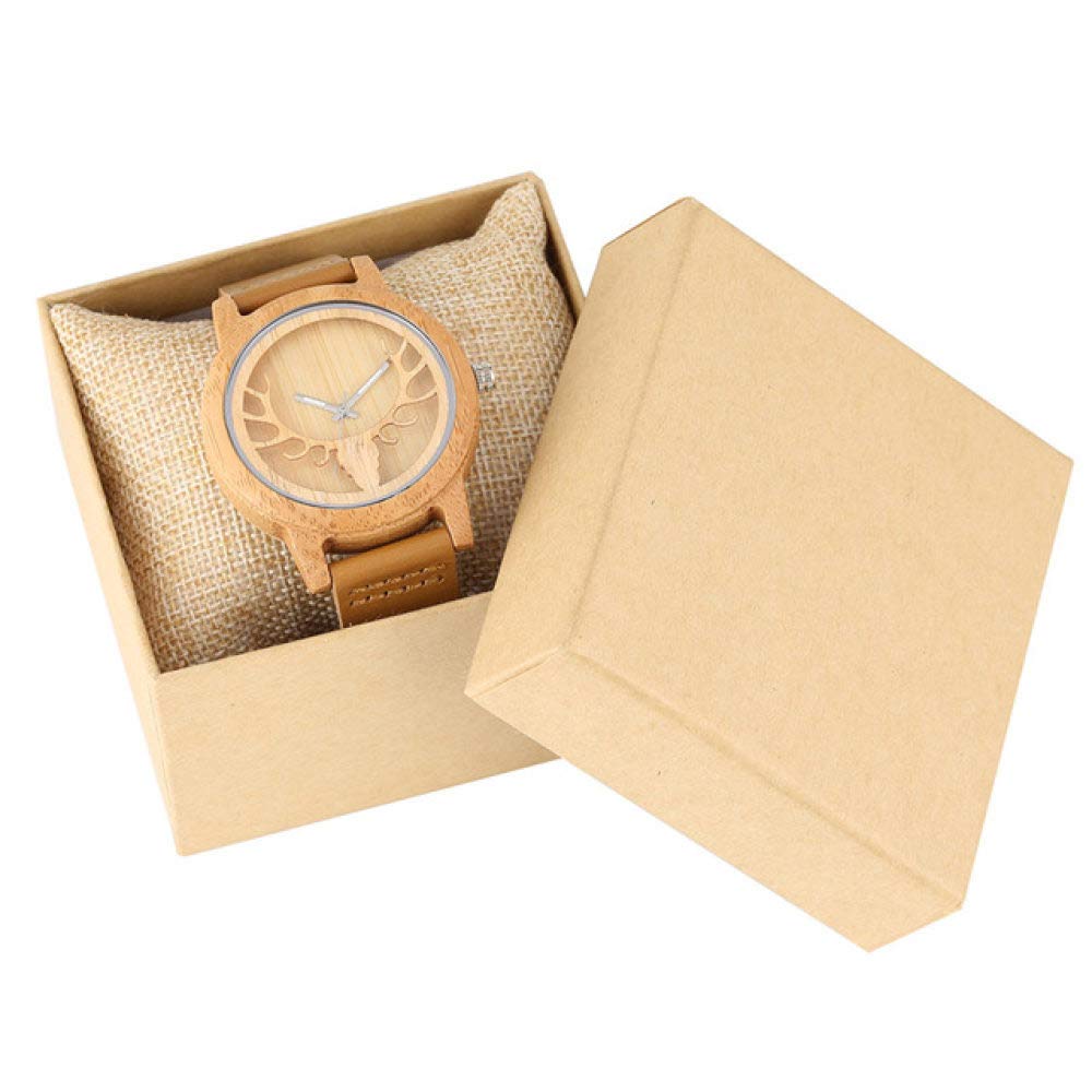 OIFMKC Orologio in legno Orologio da uomo in legno con testa di alce Orologio al quarzo da donna con cassa in bambù Orologio da polso in vera pelle Nuovo arrivo Orologio rotondo in