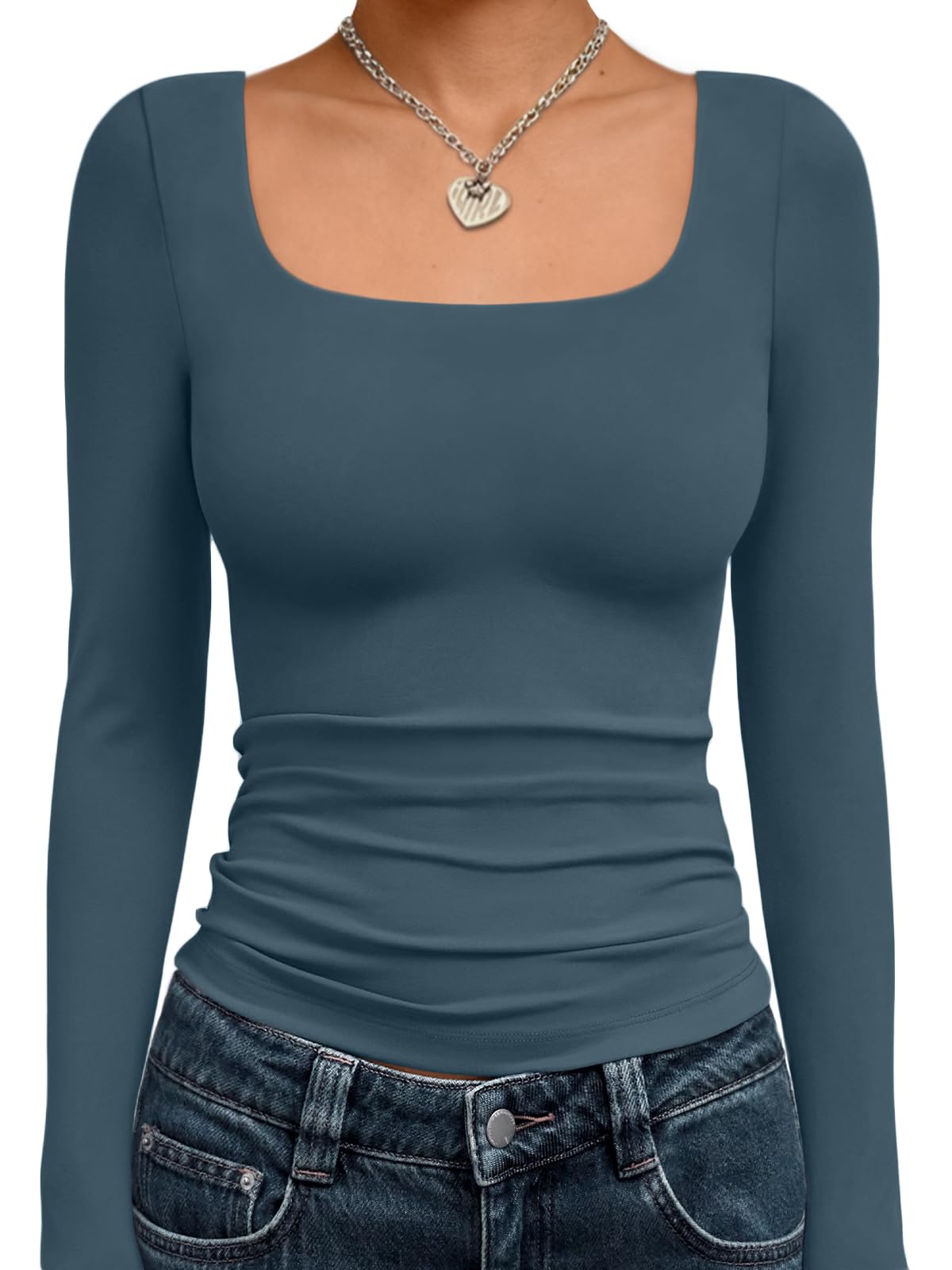 Trendy Queen Womens Long Sleeve Shirts Crop Tops Fall Fashion 2025 Square Neck Going Out Basics Tees Y2k Clothes
