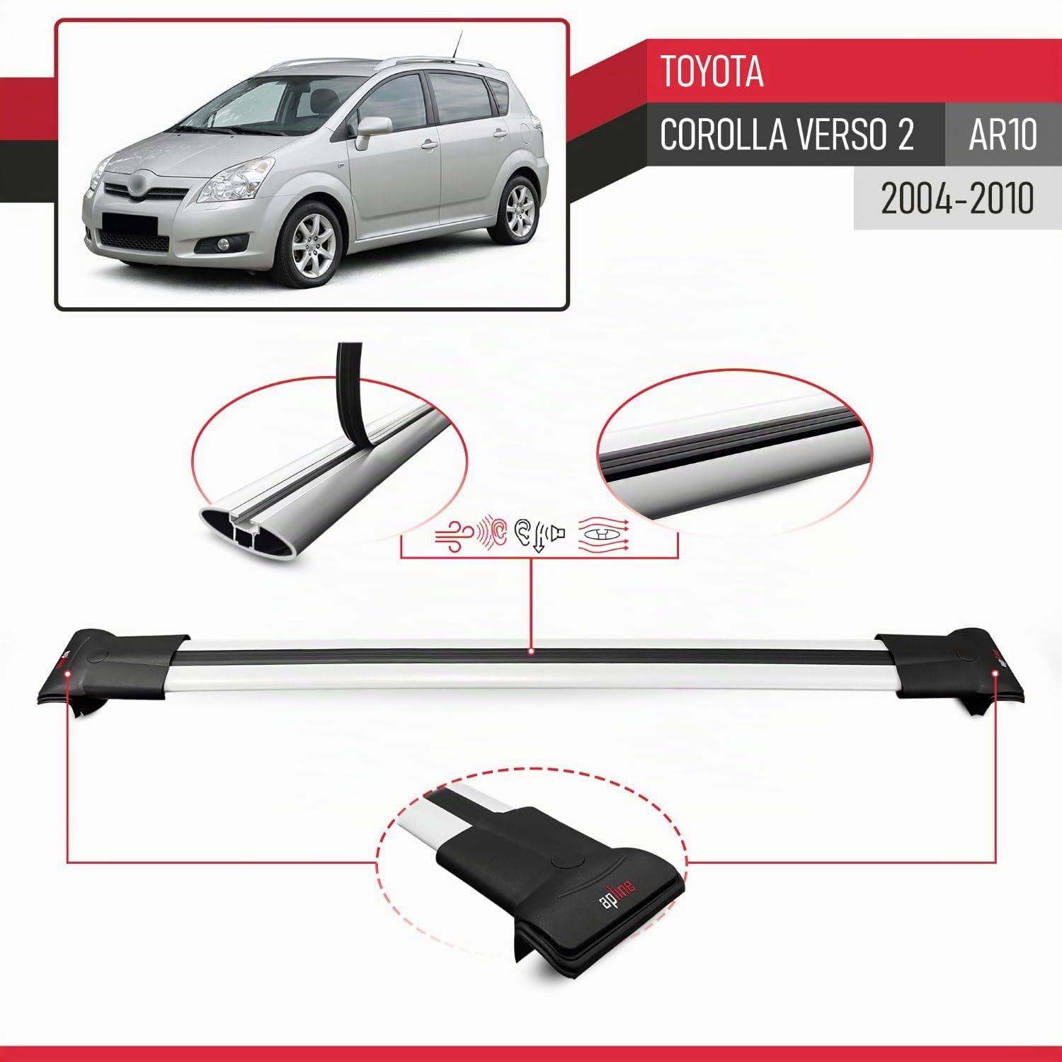 Compatible con Toyota Corolla Verso 2 (AR10) 2004-2010 Modelo Fly Barra de Techo Auto Portaequipajes Barras Transversales Gris Aluminio 2 Barras