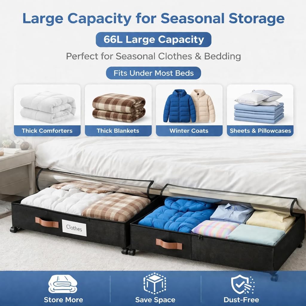 Under Bed Storage with Wheels, Under Bed Storage with Dividers, 66L Rolling Organizer with Clear Lid and 3 Compression Bags for Clothes, Blankets, Bedding and Shoes