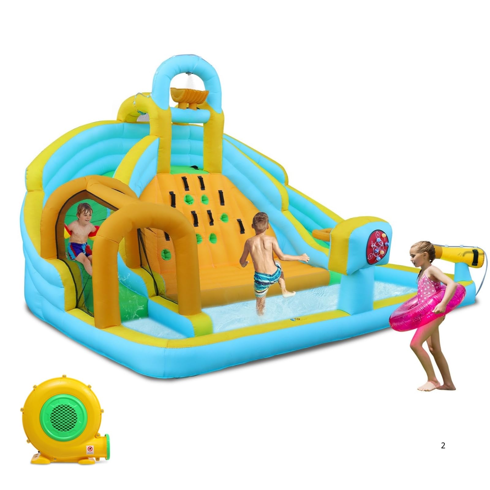 LALAHO Castello gonfiabile con tappeto elastico, scivolo, piscina, parete da arrampicata, 395 x 350 x 260 cm