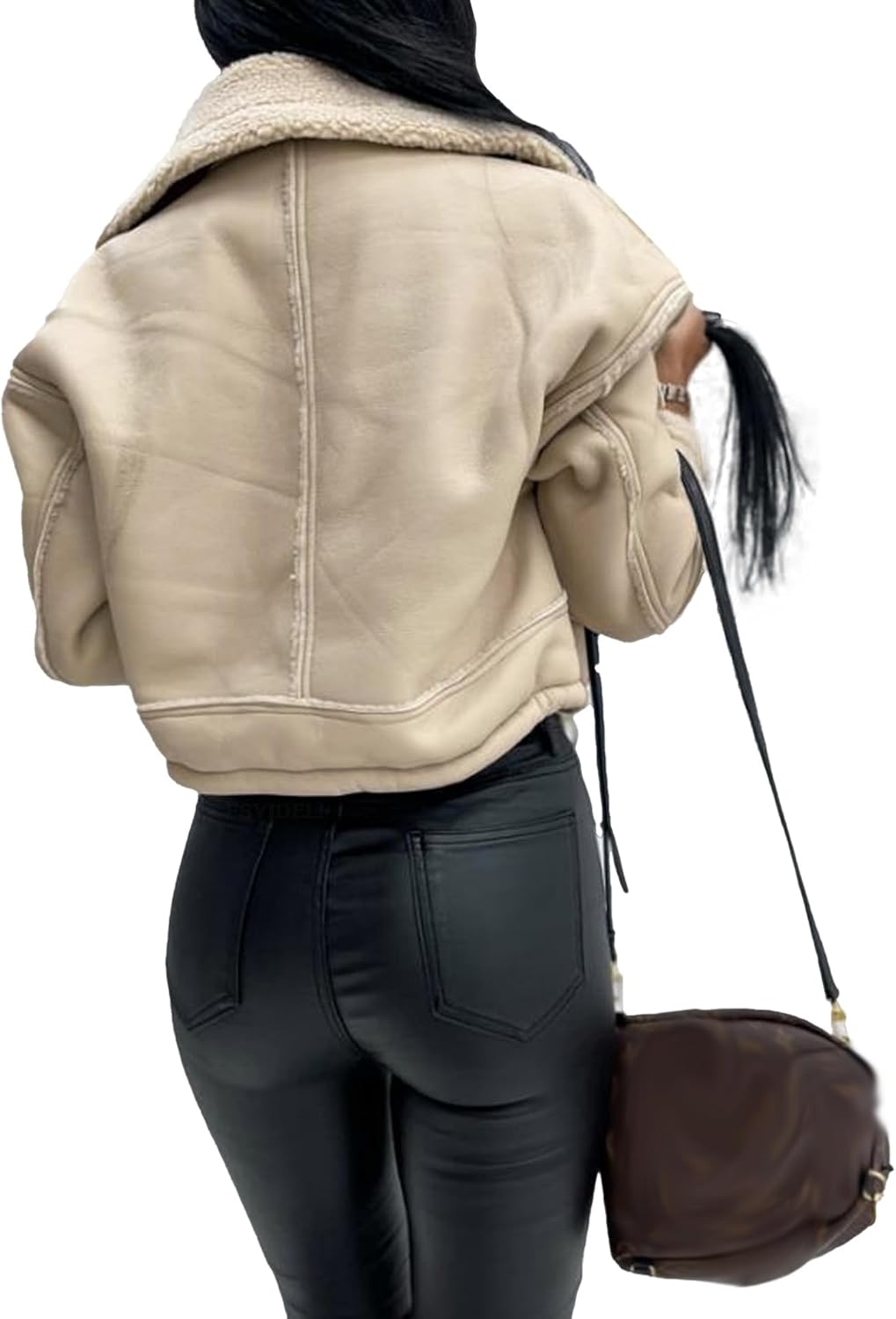 Sexyshine Women's Faux Shearing Moto Bomber Jacket Sherpa-Lined Coat Winter Aviator Leather Coat Outerwear - Image 3