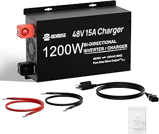 DC HOUSE 48V 15A Lithium Battery Charger, 800W Lifepo4 Battery Charger, 1200W Pure Sine Wave Inverter with 2 AC Outlets,3 LED Indicator, Cooling Fan,Suitable for 48V Golf Cart/Solar System
