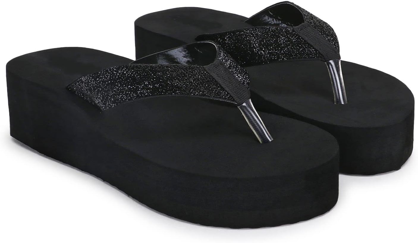 Women's Platform Flip Flops with Glitter Straps, Black, Wedge Thong Sandals Slipper