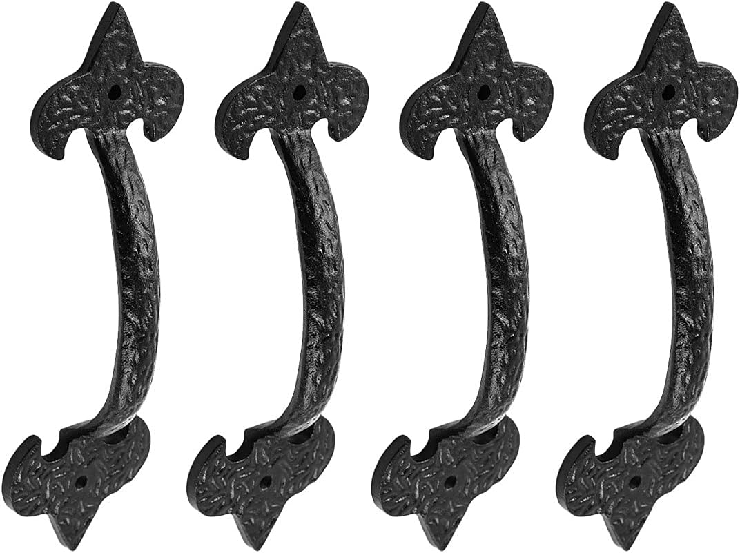 Renovators Supply Manufacturing Black Wrought Iron Cabinet Handle 6.5 L Rustic Fleur de Lis Pull Handle Rust Resistant Powder Coated Vintage Drawer and Dresser Door Pulls with Hardware Pack of 4