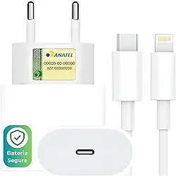 Kit Carregador Turbo Linha Premium Compativel C/Iphone, Cabo Usb-C-Lightning + Fonte Carregador 30W Ultra Rapido Compatível iPhone X Xr SE 11 12 13 14
