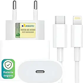 Kit Carregador Turbo Linha Premium Compativel C/Iphone, Cabo Usb-C-Lightning + Fonte Carregador 30W Ultra Rapido Compatível iPhone X Xr SE 11 12 13 14