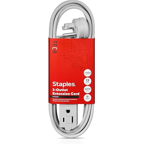 Staples 8-Ft Extension Cord 3-Outlet with Safety Covers Gray