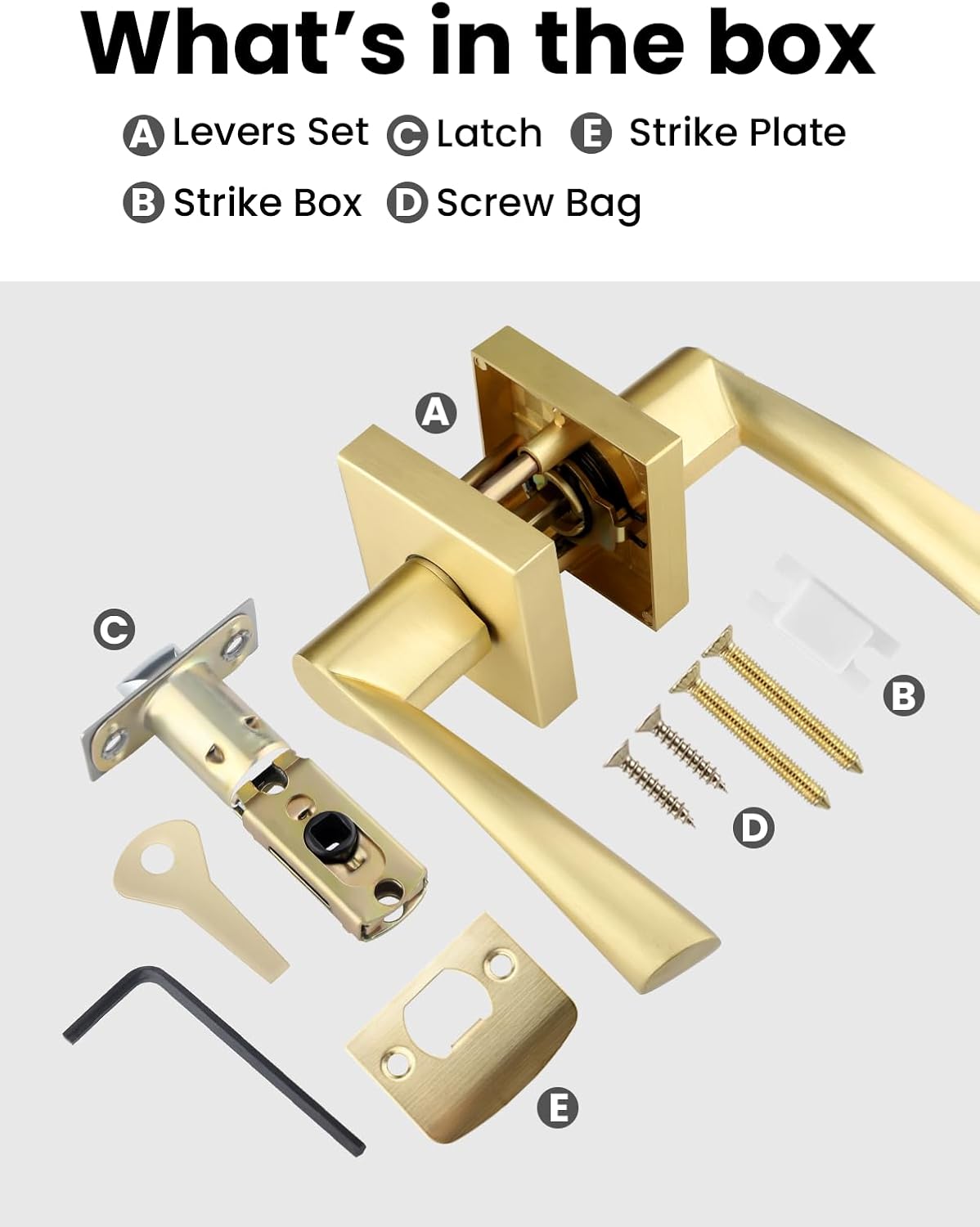 2 Pack Gold Interior Door Handle, Keyless Passage Door Handle for Hallway, Closet Door Knob No Lock, Reversible Door Lever for Left/Right Doors, Modern Square Design